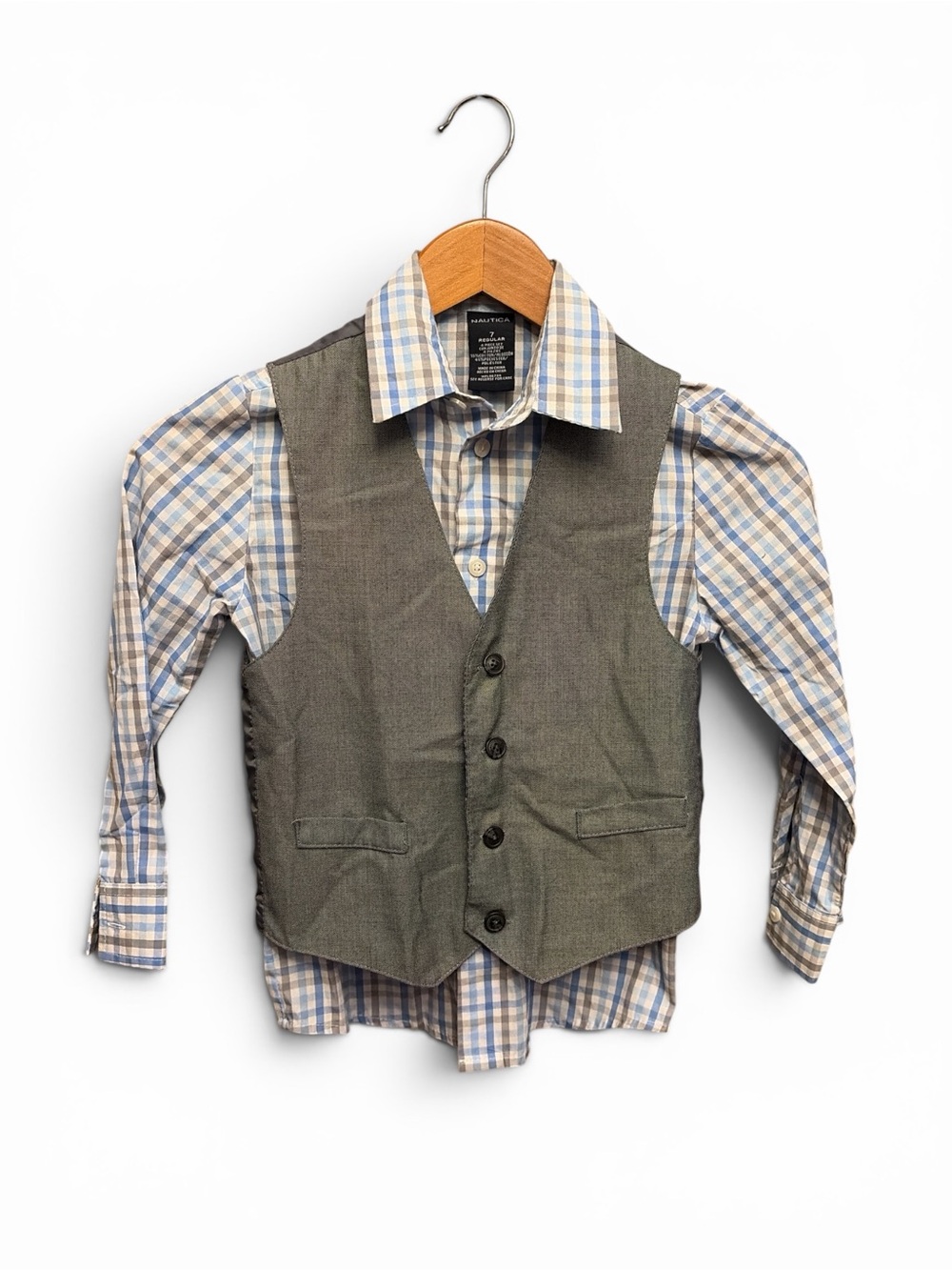Nautica Boys Plaid Button-Down Shirt with Olive Vest